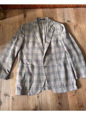 L.B.M 1911 Brown Gray Plaid Wool Cashmere Blazer Size 56R / US Size 40